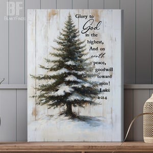 Peace on Earth Christmas Canvas, Luke 2:14 Wall Art, Glory to God Tree Print, Christian Holiday Decor, Christmas Scripture Artwork