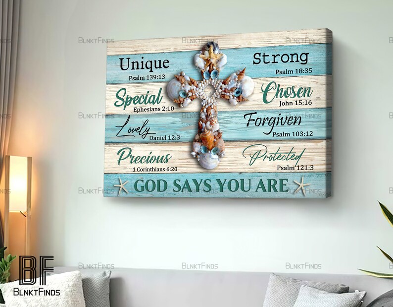 Seashell Scriptures Chirstian Home Decor God Says You Are Canvas Seashell Cross Canvas Love ...