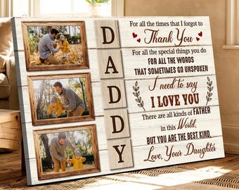 Thank You Dad I Love You Quote Canvas, Daddy Photo Collage Wall Art, Custom Name And Photo Poster, Father’s Day, Gift for Dad Husband 0409