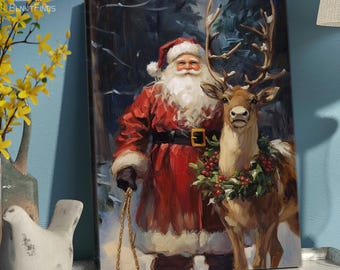 Santa Claus and Reindeer Christmas Canvas Art, Festive Holiday Wall Decor, Santa and Deer Painting, Christmas 2024 Decoration for Home