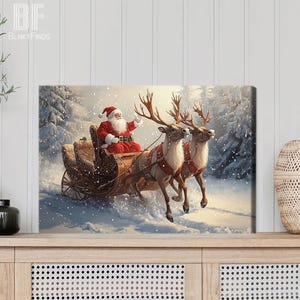 Santa Claus Sleigh Canvas - Christmas Wall Art with Reindeer, Snow Scene - Festive Holiday Home Decor, Xmas Gift Winter Wonderland Print 01 image 8