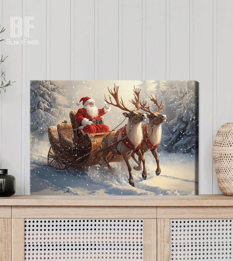 Santa Claus Sleigh Canvas - Christmas Wall Art with Reindeer, Snow Scene - Festive Holiday Home Decor, Xmas Gift Winter Wonderland Print 01 image 8