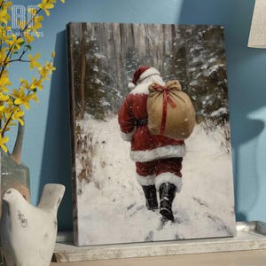 Santa Claus in Winter Forest Canvas or Poster, Vintage Style Christmas Wall Art, Cozy Cottage Holiday Decor