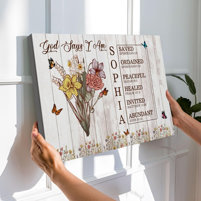 God Says I Am Canvas, Custom Bible Verse Name Sign, Floral Christian ...