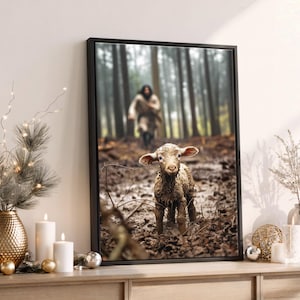 Jesus and Lamb DIGITAL Download, Jesus Running After Lost Lamb God Poster Print, Jesus Printable  Art Jesus Leaves the 99, Bible Art
