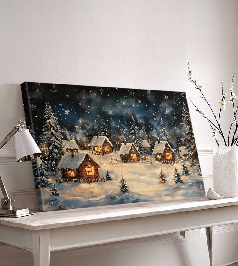 Snowy Cabin Village Canvas Wall Art - Winter Wonderland Scene ...