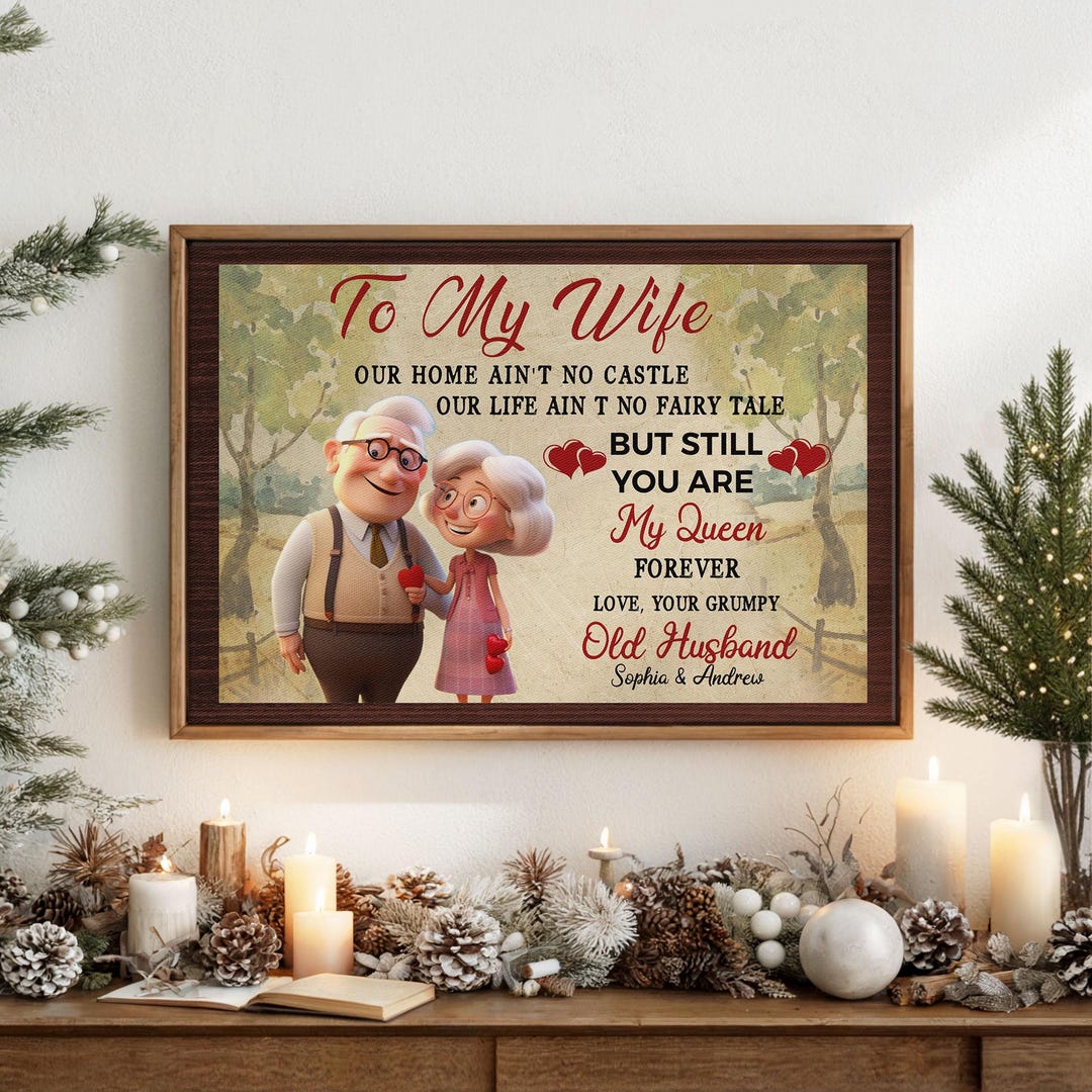 Funny to My Wife Cartoon Canvas, Old Couple Art, Custom Names Love ...