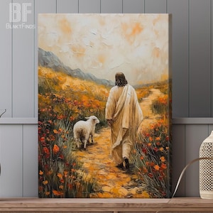 Jesus Leaves the 99 Canvas Wall Art, Inspirational Oil Painting of Jesus and Lamb, Christian Home Decor, Faith-Based Artwork