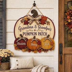 May include: A wooden pumpkin-shaped wall sign featuring the text Grandma & Grandpa's PUMPKIN PATCH. Three smaller pumpkins are attached at the bottom, personalized with the names Charlotte, Henry, and Jack, decorated with fabric bows and leaves.