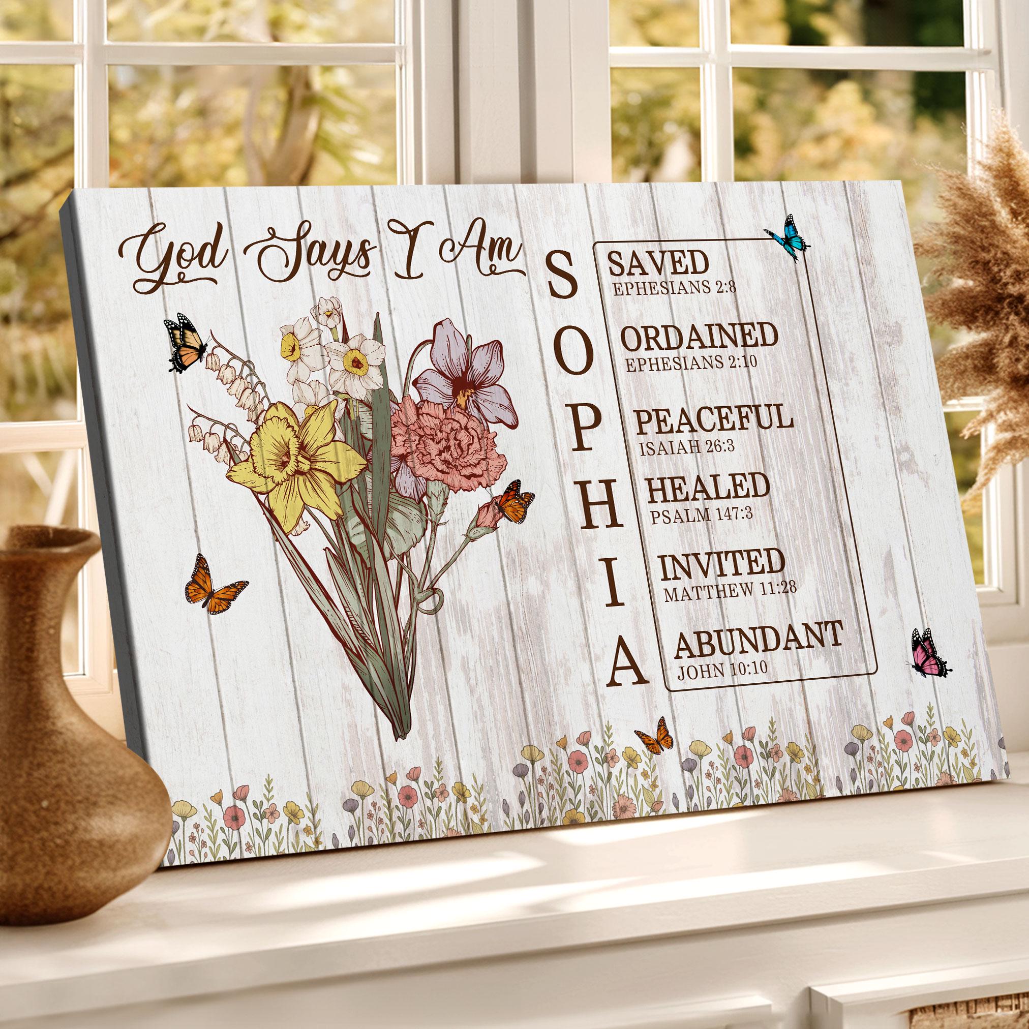 God Says I Am Canvas, Custom Bible Verse Name Sign, Floral Christian ...
