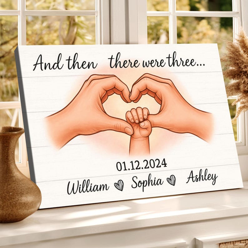 Three Kids Sign Custom Family Name Canvas, and Then There Were Three, Baby Announcement ...