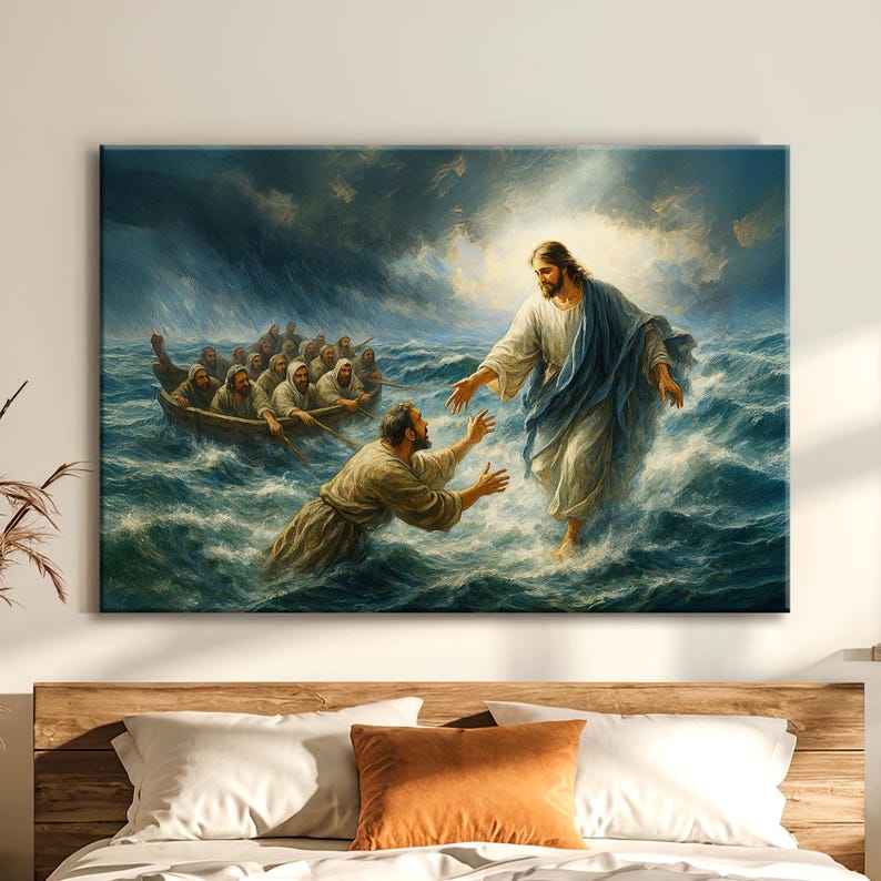 Jesus Walking on Water, Faith Over Fear Canvas, Jesus Rescues Peter at ...