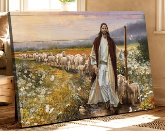 Christian Wall Art Canvas - Jesus the Good Shepherd, Rustic Farmhouse Religious Decor, Inspirational Biblical, Jesus with Sheep Nb 0205