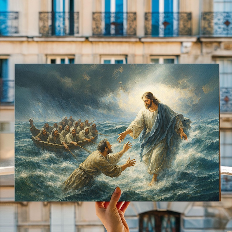 Jesus Walking on Water, Faith Over Fear Canvas, Jesus Rescues Peter at ...