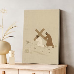 Jesus and Simon Carrying the Cross Canvas Art, Minimalist Christian Decor, Bible Scene of Compassion and Sacrifice Poster, Faith-Based 0617