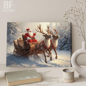 Santa Claus Sleigh Canvas - Christmas Wall Art with Reindeer, Snow Scene - Festive Holiday Home Decor, Xmas Gift Winter Wonderland Print 01 image 7
