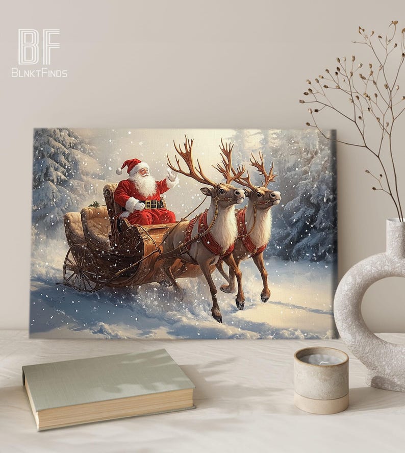Santa Claus Sleigh Canvas - Christmas Wall Art with Reindeer, Snow Scene - Festive Holiday Home Decor, Xmas Gift Winter Wonderland Print 01 image 7