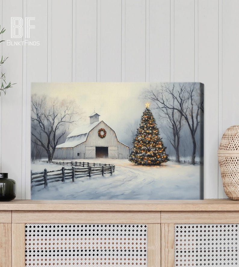 Cozy Christmas Barn Canvas, Rustic Farmhouse Tree Wall Art, Festive ...
