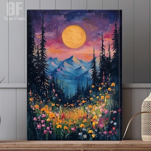 Moon Above Wildflowers and Woodland Canvas, Full Moon Nature Oil Painting, Mystical Midnight Art, Enchanted Flowers and Trees