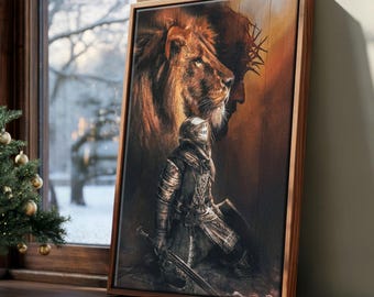 Lion of Judah with Christ Silhouette Canvas, Kneeling Warrior of God Artwork, Christian Battle Strength Wall Decor, Christmas 2025 122