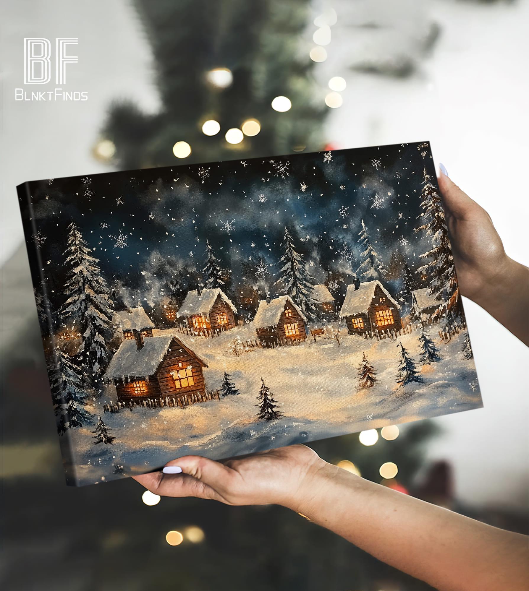 Snowy Cabin Village Canvas Wall Art - Winter Wonderland Scene ...