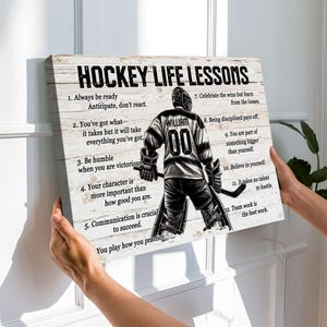 May include: A black and white illustration of a hockey player with the name "William" and the number "00" on the back of their jersey. The image is on a woodgrain background with a list of hockey life lessons.