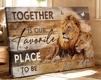 Custom Anniversary Print, Rustic Couple Gift, Romantic Safari Decor, Personalized Wildlife Love Art, and Forever Together Lion Nb 0149