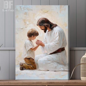 Lienzo de Jesús y un niño pequeño orando, póster de arte cristiano, Jesús con niños, pintura bíblica inspiradora, arte de pared de Jesús inspirado en la fe