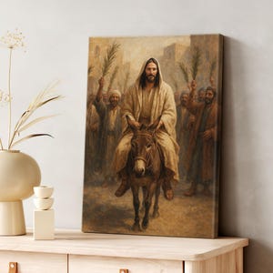 Christian Jesus Triumphal Ride Donkey Entry Canvas, Palm Sunday Holy Week, Biblical for Believers, Faith-Filled Gift Christmas Nb 0288