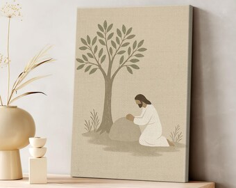 Jesus Kneeling in Gethsemane Under Tree Canvas Art, Minimalist Christian Decor for Prayer or Meditation Space, Faith-Based Religious 0618
