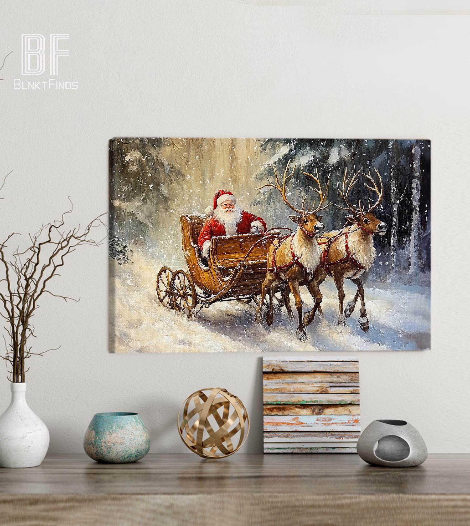 Santa Claus Sleigh Canvas, Christmas Wall Art With Reindeer, Snow Scene ...