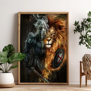 Lion of Judah Warrior Poster, Christian Knight and Lion Wall Art, Armor of God Decor, Faith Warrior Print, Spiritual Warfare Gift Nb 0329P