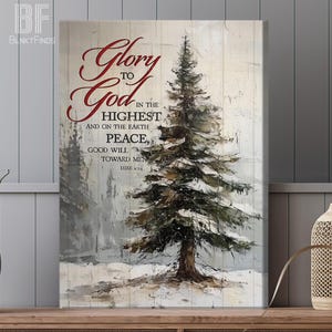 Christmas Tree Canvas Art with Luke 2:14 Scripture, &#39;Peace on Earth, Glory to God&#39; Christian Christmas Wall Decor