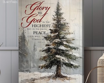 Christmas Tree Canvas Art with Luke 2:14 Scripture, 'Peace on Earth, Glory to God' Christian Christmas Wall Decor