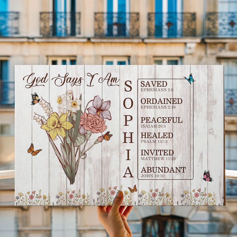 God Says I Am Canvas, Custom Bible Verse Name Sign, Floral Christian ...