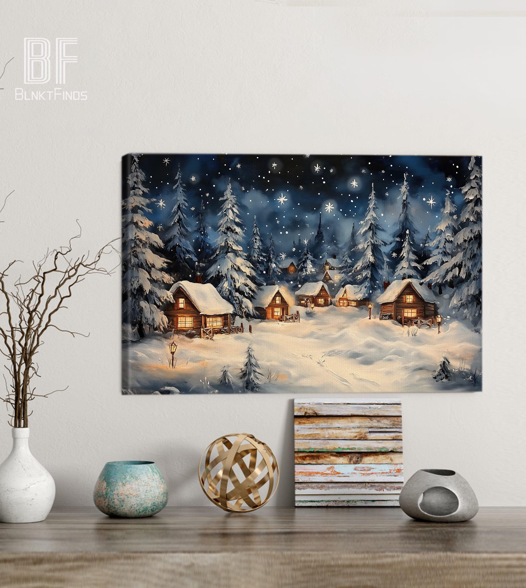 Snowy Cabin Village Canvas Wall Art - Winter Wonderland Scene ...