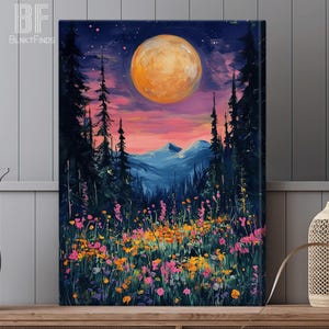 Moon Above Wildflowers and Woodland Canvas, Full Moon Nature Oil Painting, Mystical Midnight Art, Enchanted Flowers and Trees