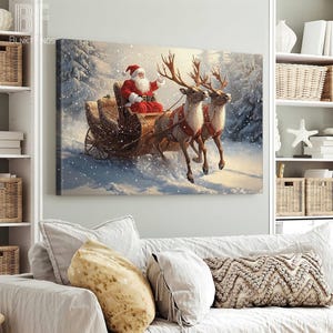 Santa Claus Sleigh Canvas - Christmas Wall Art with Reindeer, Snow Scene - Festive Holiday Home Decor, Xmas Gift Winter Wonderland Print 01 image 4
