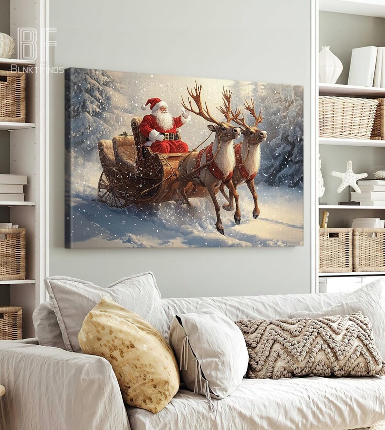 Santa Claus Sleigh Canvas - Christmas Wall Art with Reindeer, Snow Scene - Festive Holiday Home Decor, Xmas Gift Winter Wonderland Print 01 image 4