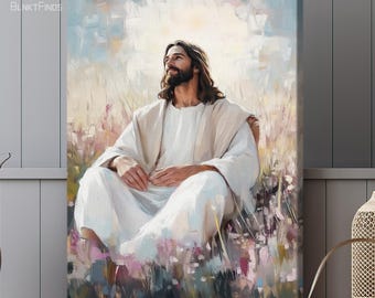 Puede incluir: Una pintura de un hombre con el pelo largo y barba, vestido con una túnica blanca, sentado en un campo de flores. El hombre mira hacia arriba al cielo, que está lleno de nubes. La pintura está hecha en un estilo realista, con colores suaves y pinceladas.