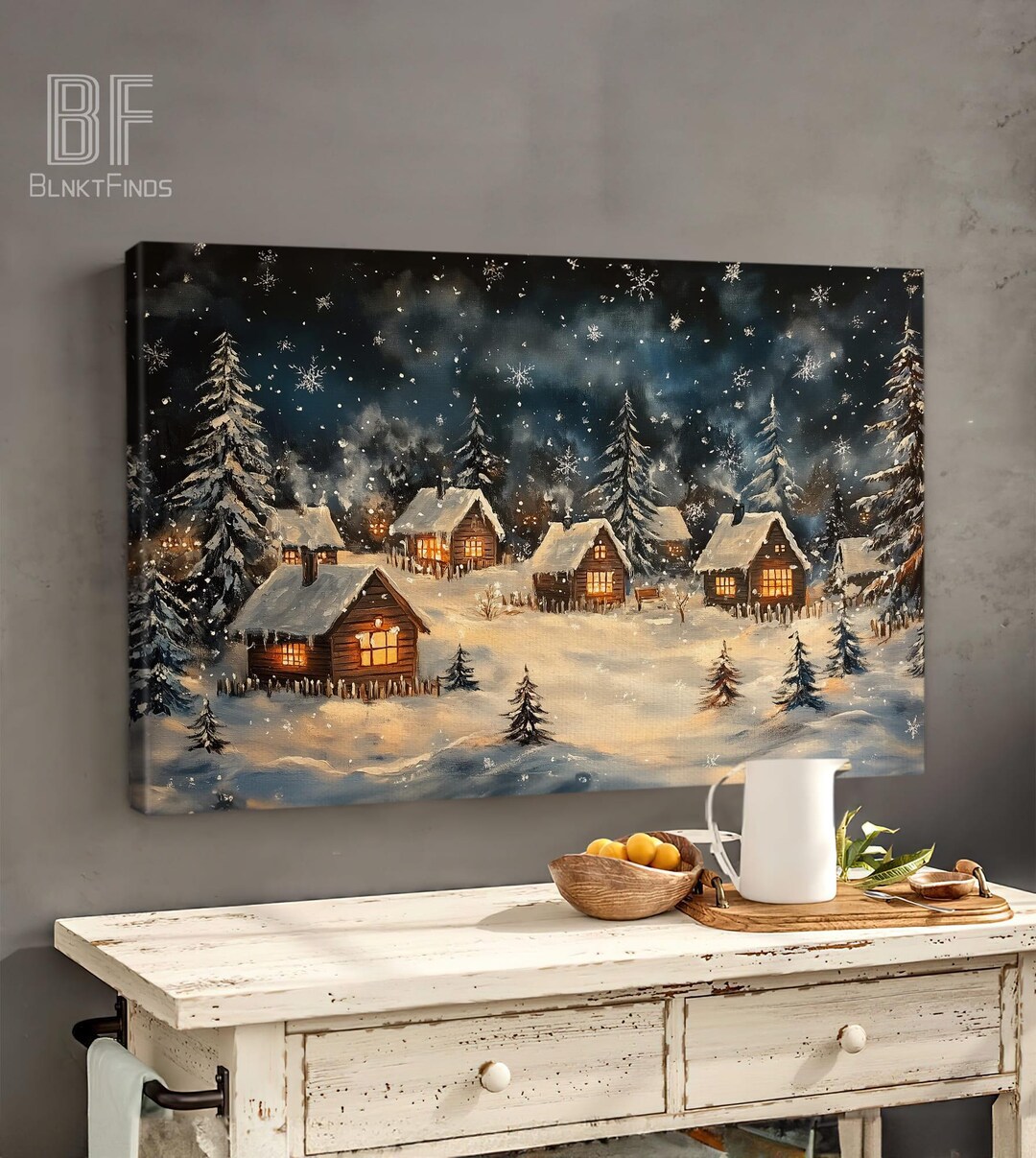Snowy Cabin Village Canvas Wall Art - Winter Wonderland Scene ...