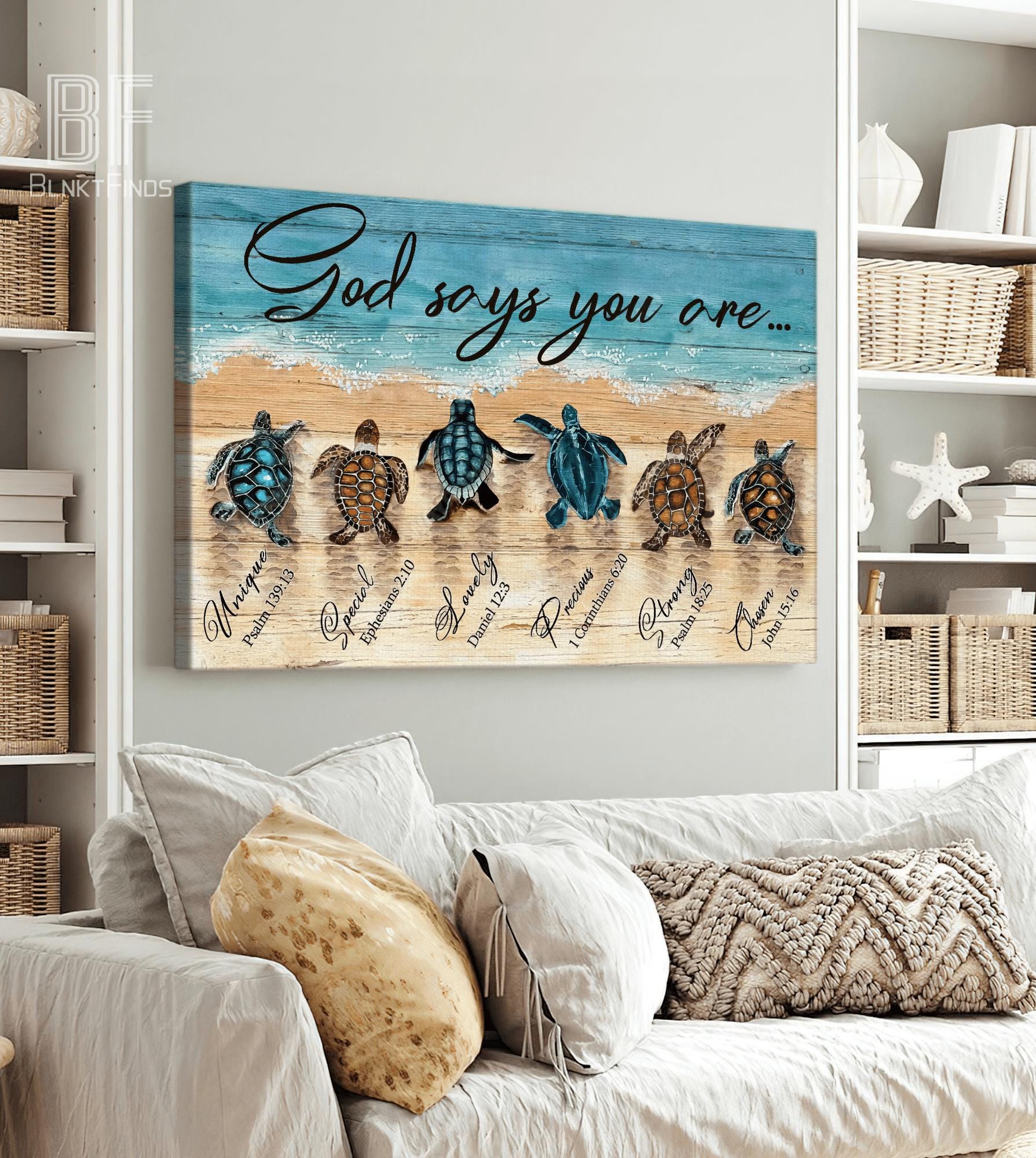 God Says You Are, Sea Turtle on Sand Beach Art Canvas, Turtle