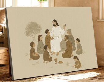 Jesus with Disciples and Children Canvas Art, Christian Nursery or Family Room, Faith-Based Teaching Scene, Bible Inspired Spiritual 0619