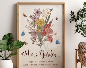 Personalized Mom's Garden Poster, Custom Birth Flower Family Names , Mother’s Day Gift for Mom, Floral Butterfly, Mother’s Day Nb 0343P
