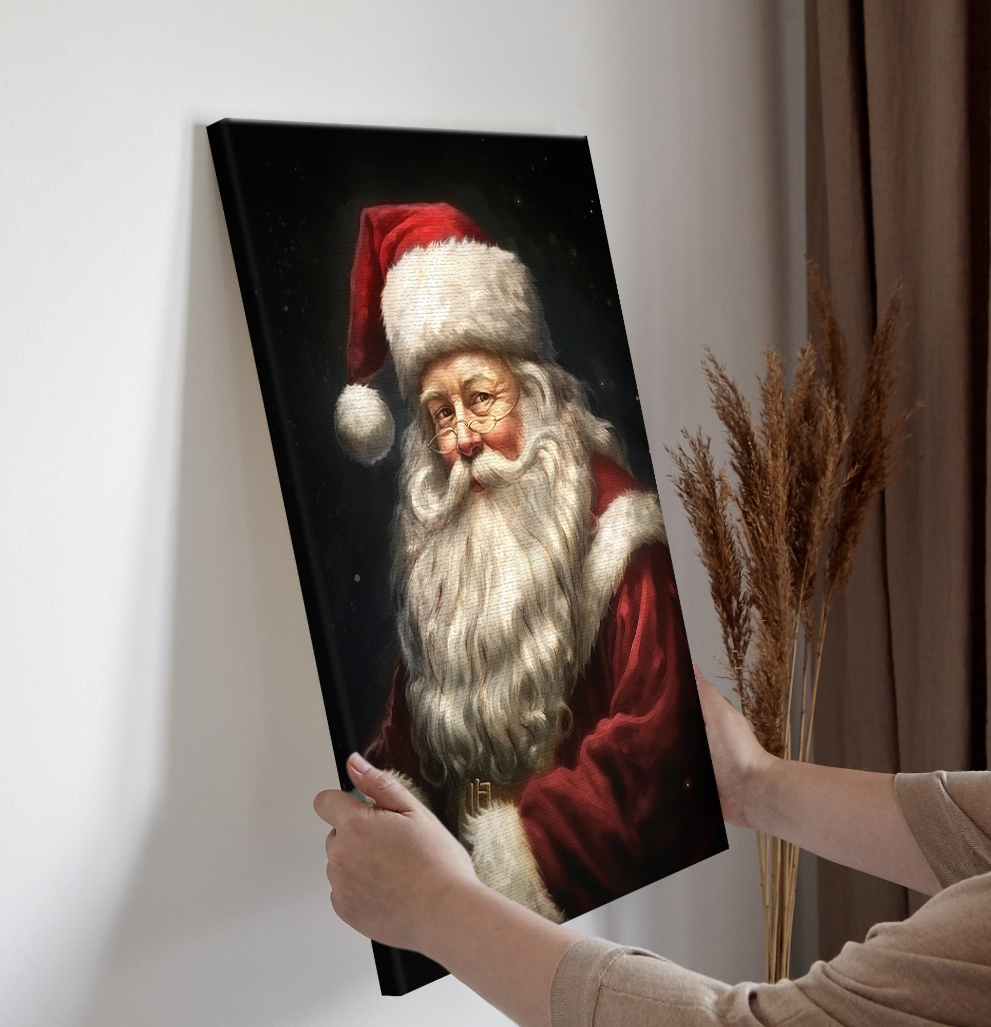 07 Red Santa Portrait Vintage Christmas Canvas, Rustic Winter Wall