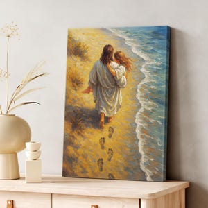 He Carried Me Canvas Art, Jesus on Beach, Handmade Fine Poster, Jesus Christ Portrait, Painting, God Wall Gift, Footprints in the Sand 0742