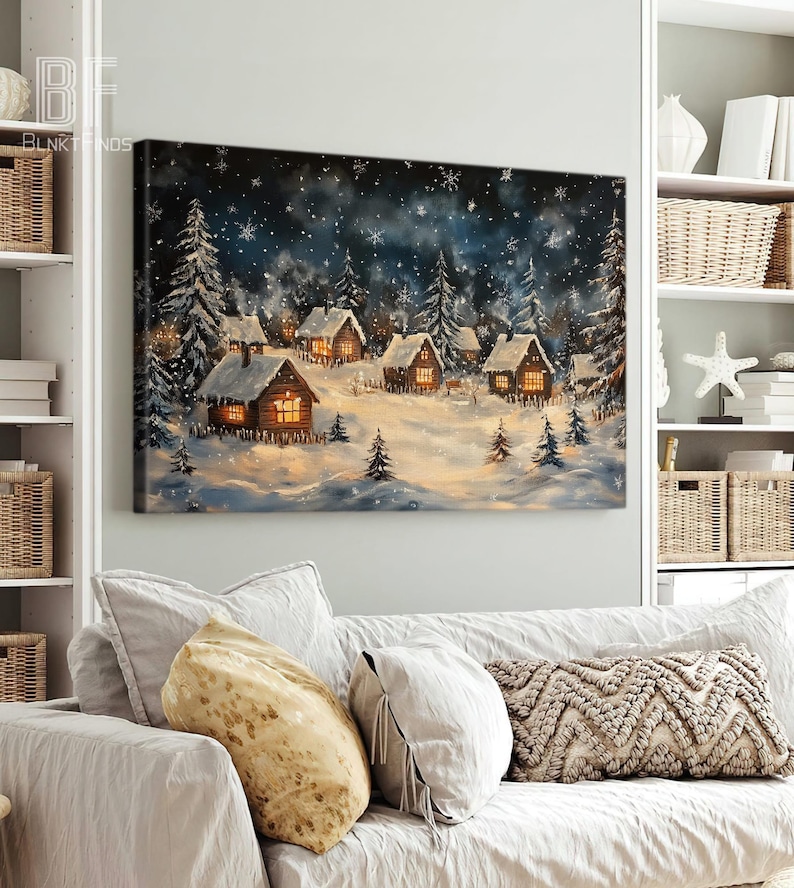 Snowy Cabin Village Canvas Wall Art - Winter Wonderland Scene ...