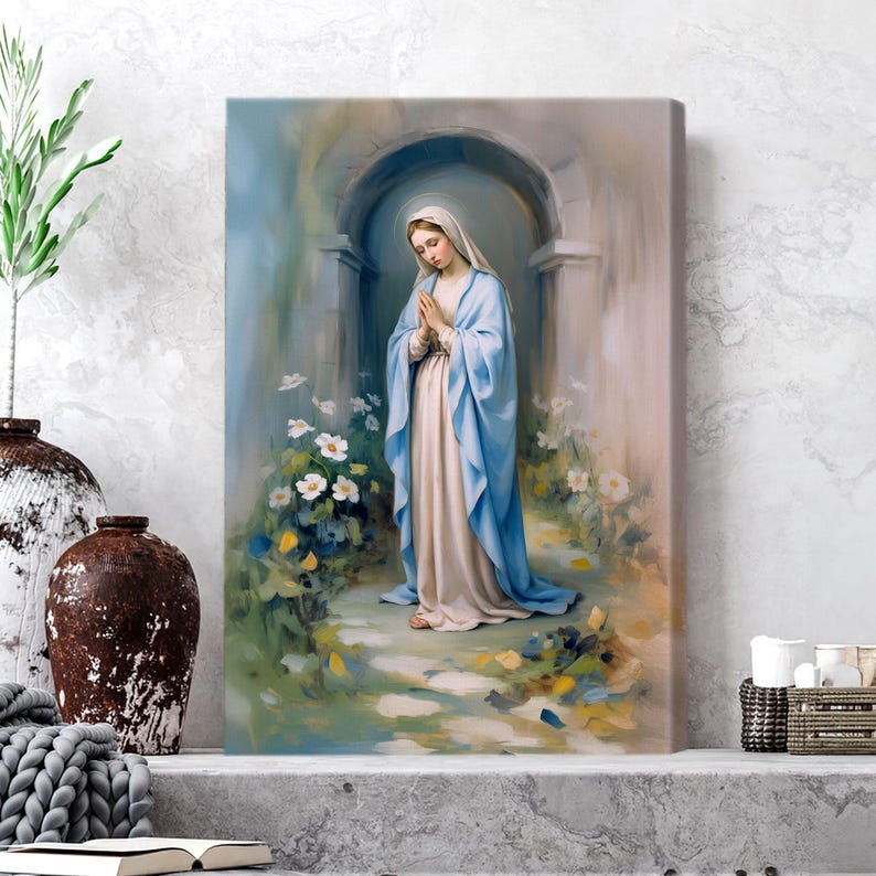 Virgin Mary Praying Spiritual Catholic Art Canvas, Mother Mary Blue ...