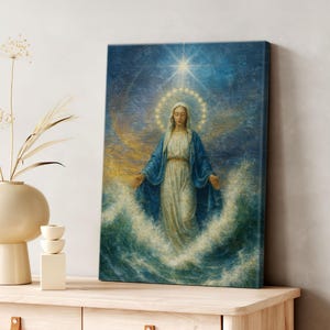 Holy Mary Star of the Sea Canvas, Blessed Mother Catholic Religious Art Poster, Marian Ocean Waves Painting, Inspirational Christian 0738
