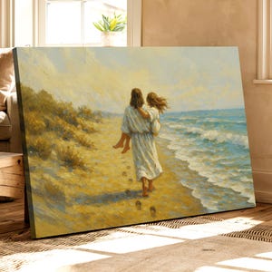 He Carried Me, Jesus on the Beach Canvas, Jesus Christ Portrait Poster, Handmade Fine Art Print, God Wall Gift, Footprints in the Sand 0748